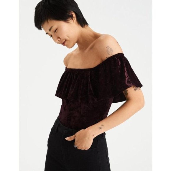 AE Purple Velvet Off-The-Shoulder Bodysuit - Picture 2 of 4